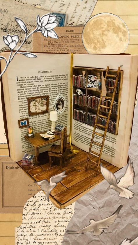 Diorama Library, Diy Booknooks, Book Diorama, Dollhouse Miniatures Rooms, Room Box Miniatures, Old Book Crafts, Fairy House Crafts, Bookshelf Art, Paper Doll House