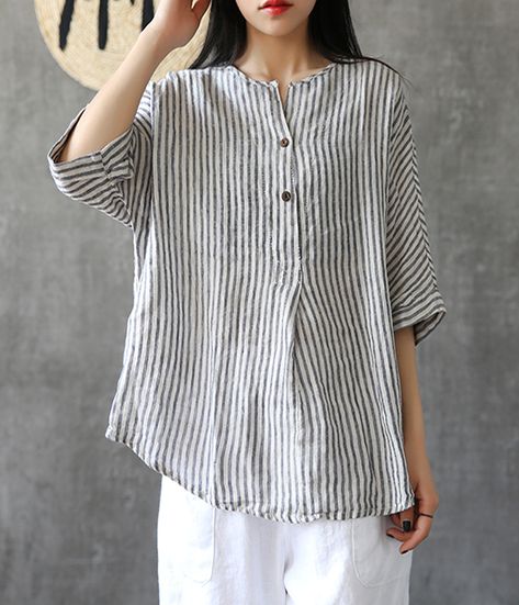 Summer Women Casual Blouse Cotton Linen Shirts stripes Women Tops Shirt Design For Girls, Cotton Shirts Women, Linen Tops, Short Kurta, Linen Shirts Women, Striped Linen Shirt, Blouse Cotton, Sequin Crop Top, Linen Shirts