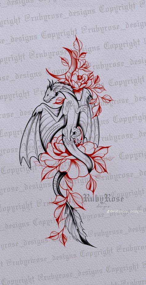 Dragon And Stars Tattoo, Dragon Tattoo With Flowers, Ruby Rose Designs, Dragon Goddess, Dragon Chino, Lilies Drawing, Feminine Tattoo Sleeves, Tattoo Sleeves, Butterfly Stencil