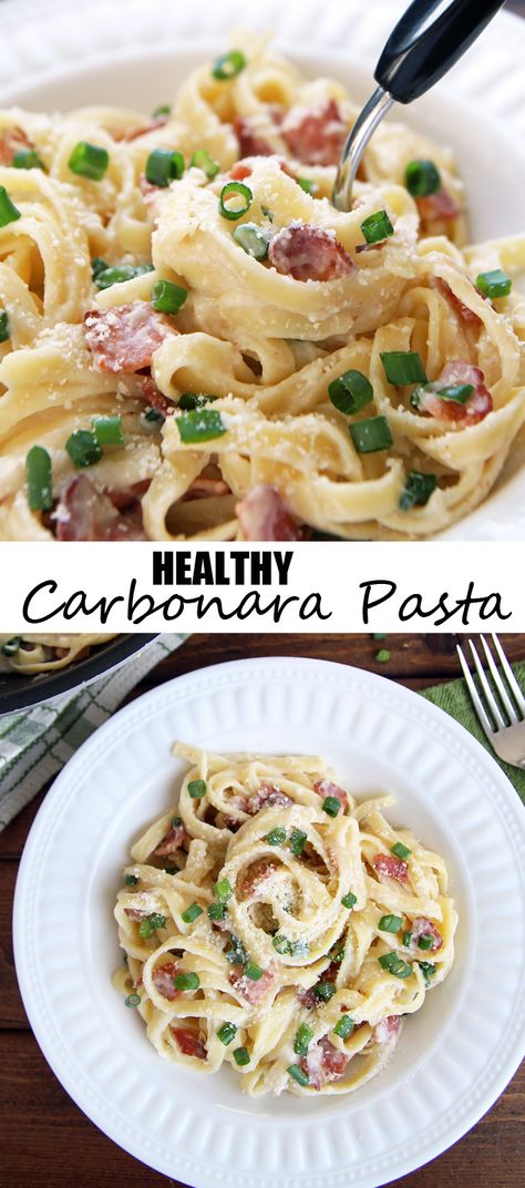 Healthy Carbonara Pasta - made with Creamy Cauliflower Sauce. Perfect healthy comfort food made in 15 minutes with only 5 ingredients Cauliflower Carbonara, Carbonara Pasta Healthy, Light Carbonara Recipe, Healthy Carbonara Recipe, Healthy Pasta Carbonara, Healthier Carbonara, Healthy Carbonara, Original Carbonara Recipe, Creamy Cauliflower Sauce