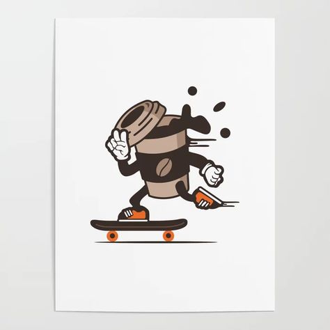 Skater Poster, 1930s Cartoons, Poster Coffee, Coffee Tattoos, Art Poster Prints, Coffee To Go, Coffee Cup Gifts, Buy Coffee, Wall Posters