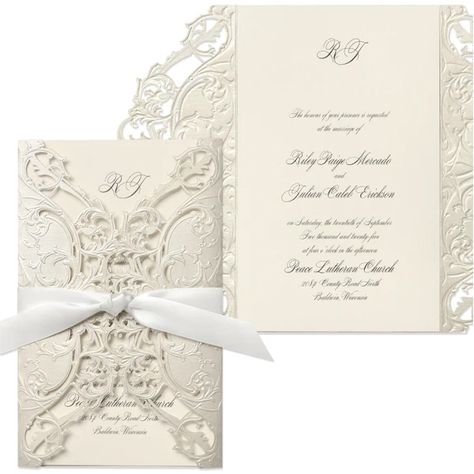 Exquisitely Lace in Ecru Wedding Invitation with White Ribbon Icon Luxe Wedding Invitations, Ribbon Invitation, Lace Invitations, Wedding Party Accessories, Pre Wedding Party, Luxe Wedding, Initial Monogram, Reception Card, Printed Invitations