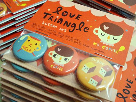 Love Triangle button set by Six Cent Press Button Packaging Ideas, Button Badge Packaging, Button Pin Packaging, Button Badge Design Ideas, Button Pin Design Ideas, Convention Setup, Button Badge Design, Pin Packaging, Pin Button Design