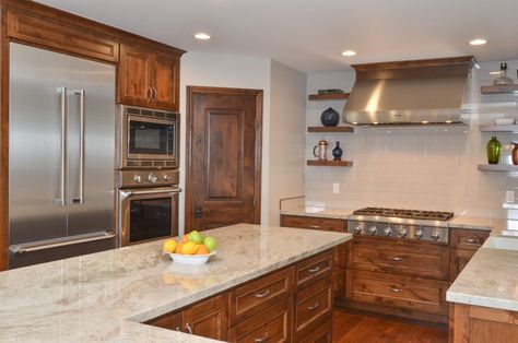 Knotty Alder Cabinets with a New World Stain and Kashmire Cream color Granite Countertops Kitchen And Dining Room Remodel, Kitchen Marble Top, Unused Dining Room, Alder Kitchen Cabinets, Alder Kitchen, Knotty Alder Cabinets, White Kitchen Cupboards, Alder Cabinets, Before And After Transformation