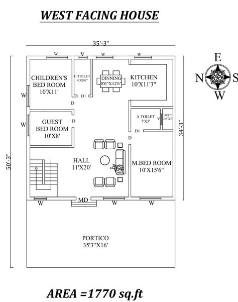 Autocad Drawing file shows 35' X 50' Beautiful 3bhk West facing House Plan As Per Vastu Shastra. The total buildup area of this house is 1770 sqft. The kitchen is in the Southeast direction. Dining is in the East Direction. The Hall is Placed in the northwest direction of the house. The master bedroom available in the southwest direction with the attached toilet is in the south direction. kid's bedroom is in the Northeast direction. The guest bedroom is available in the north direction. The comm North West Facing House Plan, West Facing 3bhk House Plans Vastu, 25x50 House Plans West Facing Vastu, 35×50 House Plan, West Facing 3bhk House Plan, West Facing House Plans Vastu 30*50, 35x50 House Plans 3 Bedroom, 30 40 West Facing House Plan, West Face House Plan Vastu