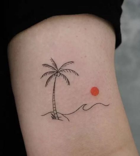 23 Palm Tree Tattoos: A Symbol of Paradise and Relaxation - Body Artifact Palm Tree Hip Tattoos Women, Palm Tree Silhouette Tattoo, Palm Tree With Sun Tattoo, Palm Tree Simple Tattoo, Flamingo Palm Tree Tattoo, Coconut Tree Tattoo Design, Tree Tattoo On Leg, Simple Palm Tree Tattoo, Coconut Tree Tattoo