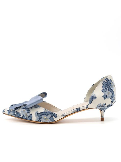 Cliff d'Orsay Kitten Heel White Kitten Heels, Heels Blue, Timeless Shoes, Special Occasion Shoes, Bow Pumps, White Kittens, Blue Pumps, Satin Heels, Kitten Heel Pumps