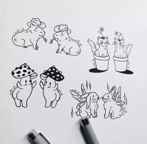 Other Half Matching Tattoos, Matching Outline Tattoos, Cat On Mushroom Tattoo, Simple Tattoos Friendship, Similar Best Friend Tattoos, Mushroom Cute Tattoo, Cute Matching Animal Tattoos, Sister Mushroom Tattoos, Mushroom Friendship Tattoos