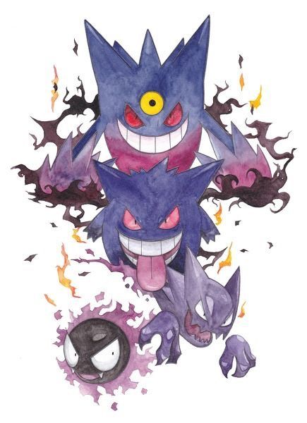 Gengar Evolution Art, Gengar Evolution Tattoo, Ghastly Evolution, Pokeball Tattoo, Gengar Evolution, Mega Gengar, Gengar Tattoo, Dark Pokémon, Evolution Art