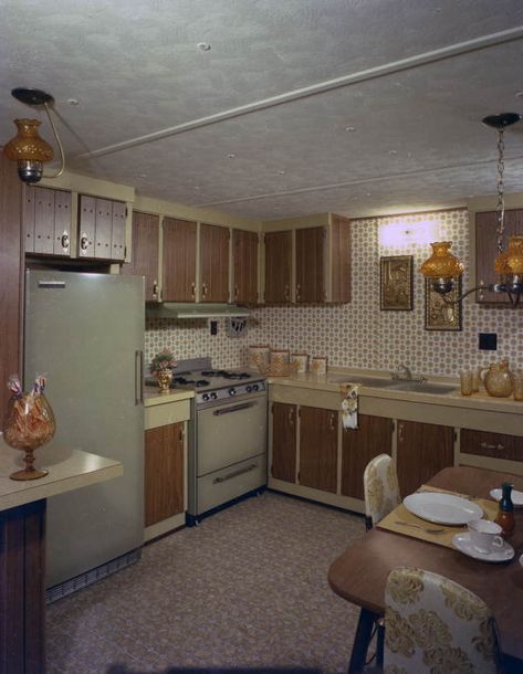 Reminds me of the first home I had as a young adult.  A 10x42 trailer.  It had a window over the sink, though. Old Mobile Home Interior, Aesthetic Trailer Home, 80s Trailer Home, 1960s House Interior, Mobile Home Aesthetic, 40s House, Opal Watch, 1950s Homes, 1950 House