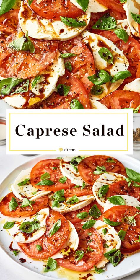 Easy Caprese Salad, Healthy Dinner Salads, Caprese Salad Recipe, Basil Olive Oil, Tomatoes Mozzarella, Balsamic Glaze, Healthy Salad, Dinner Salads, Tomato Recipes