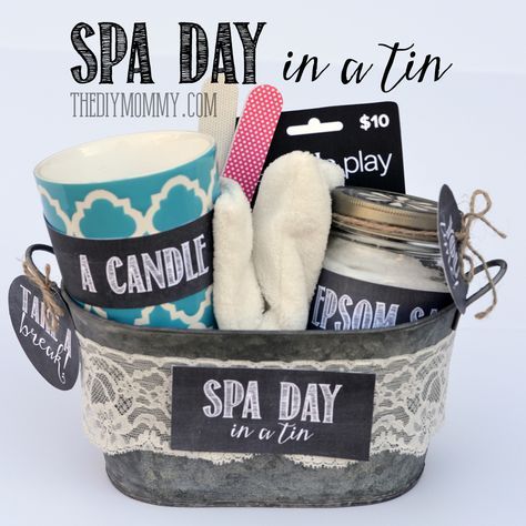 A Gift in a Tin: Spa Day in a Tin | The DIY Mommy Easy Gift Baskets, Creative Gift Baskets, Homemade Spa, Christmas Gift Baskets Diy, Diy Gift Baskets, Creative Diy Gifts, Festival Diy, Christmas Baskets, Cadeau Diy