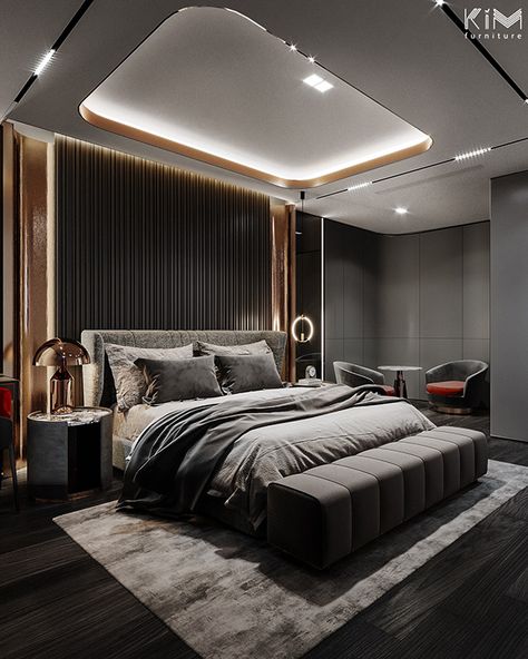 Penthouse Ancora ver.02 on Behance Futuristic Home Interior Master Bedrooms, Dark Theme Bedroom, Penthouse Bedroom, Wall Panels Bedroom, Dream Bedrooms, Theme Bedroom, Small House Decorating, Creative Bedroom, Dark Theme