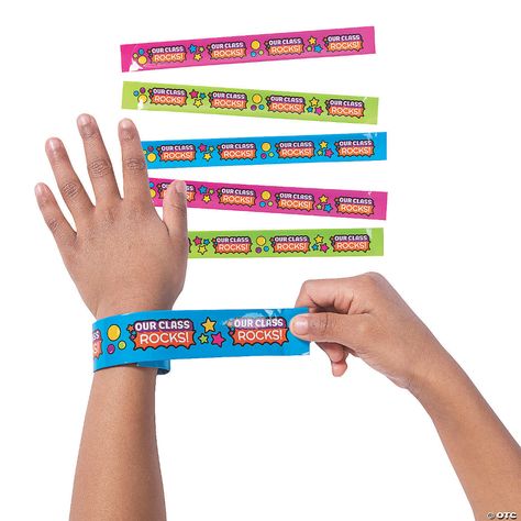 Our Class Rocks Slap Bracelets - 12 Pc. | Oriental Trading School Gifts For Students, Halloween Handout, Peace Vibes, Rad Tech Week, Groovy Party, Teacher Awards, Classroom Welcome, Welcome Letters, Slap Bracelets