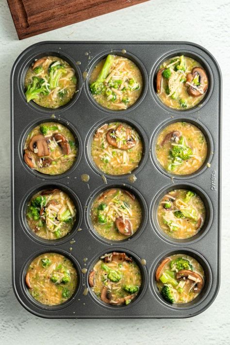 This is how to make crustless broccoli quiche in a muffin tin! A low carb easy egg breakfast or dinner idea that's quick to bake. Quiches In Muffin Tin, Mini Quiches In Muffin Tin, Easy Mini Quiche, Muffin Tin Quiche, Crustless Broccoli Quiche, Mini Quiche Recipe, Easy Egg Breakfast, Eggs Mushrooms, Mini Quiche Recipes