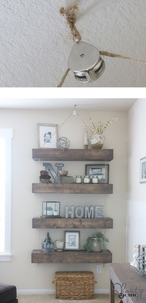 LOVE these floating shelves! They use rope and a pulley to give them a cool hanging look! Free plans and tutorial on how to make them... www.shanty-2-chic.com Diy Floating Shelves, Diy Living Room Decor, Floating Shelves Diy, Estantes Flotantes, Free Plans, Decoration Inspiration, Living Room Diy, Decor Minimalist, Decor Rustic