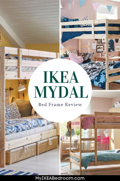 IKEA MYDAL Bed Frame Review: IKEA MYDAL bed frame is made from untreated solid wood. This wood is highly durable and is designed to last for years. You can paint the frame according to the room’s theme or your child’s taste. The solid wood is actually the warm natural material, which settles perfectly with the room. Ikea Mydal Bunk Bed Ideas, Ikea Bunk Bed Hack Mydal, Mydal Ikea Ideas, Ikea Bunk Bed Ideas, Ikea Wooden Bed, Mydal Bunk Bed Hack, Ikea Mydal Bunk Bed Hack, Bunk Bed Ikea, Ikea Mydal Bunk Bed