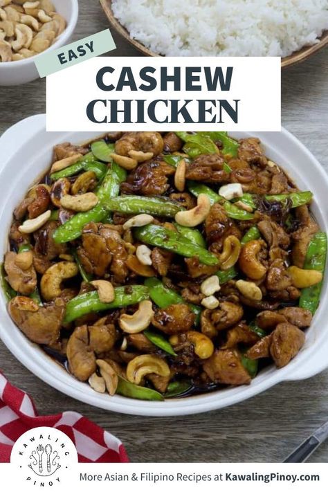 Cashew Chicken Stir-fry with Snow Peas in a white bowl Thai Cashew Chicken, Kawaling Pinoy, Cashew Chicken Recipe, Moist Chicken, Pinoy Recipes, Chinese Cooking Wine, Simple Pantry, Pantry Ingredients, Brown Sauce