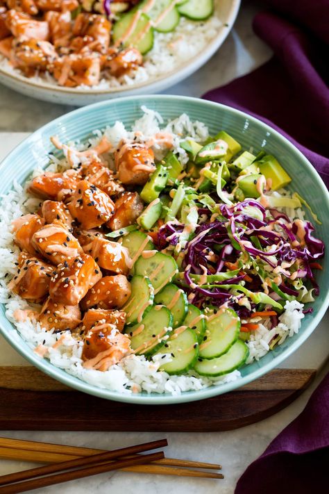 Salmon Rice Bowls - Cooking Classy Healthy Lunches For Work, Salmon Rice Bowl, Salmon Rice, Work Lunches, Salmon Bowl, Rice Bowls Recipes, Salmon And Rice, Healthy Bowls, Cooking Classy