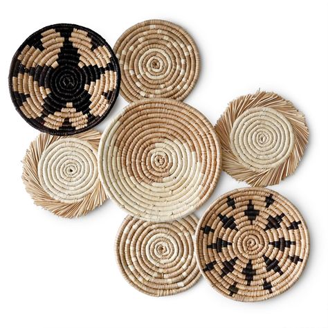 PRICES MAY VARY. 100% Handmade from Natural Seagrass Natural Materials Wall Decor: The basket wall art crafted from 100% seagrass, which is lightweight and eco-friendly and boast excellent moisture resistance. Each piece features a beautiful pattern painted with premium, long-lasting paint that won't easily fade. This 7-piece wall basket decor set comes in three different sizes: 13.0 inches, 12 inches, and 9.84 inches. Pure Handicraft Products: These woven wall decor are handwoven by skillful cr Large Basket Wall Decor, Rafia Wall Hanging, Wicker Wall Art, Coven House, Woven Wall Basket Decor, Flat Baskets, Wicker Basket Decor, Boho Wall Basket Decor, Woven Basket Decor