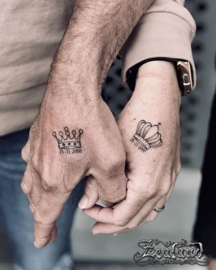 Anniversary Tattoo Ideas Marriage, Brittany Tattoo, Soulmate Tattoo Ideas Couple Tat, Matching Tattoos Couples Meaningful, Skull Couple Tattoo, Married Couple Tattoos, Marriage Tattoos, Couple Tattoo Ideas, Micro Tattoo