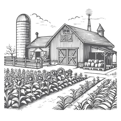 Farms Drawing, Farmhouse Drawings, Farming Drawing, Farm Sketch, Farm Drawing, Sketch Logo, Grain Silo, Design Apps, Farm Logo