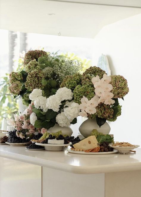 White Hydrangea Flower Arrangements, Large Hydrangea Arrangement, Fall Hydrangea Wedding, Wedding Buffet Decor, Dried Hydrangeas Wedding, Garden Gala, Mountaintop Wedding, Fall Hydrangea, Mountain Top Wedding