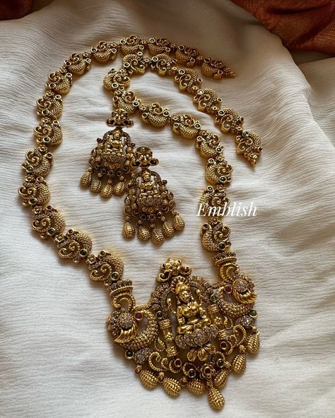 Lakshmi with Double Peacock Long Neckpiece For Rs 2450 Product I’d 3365 Shop from our website emblish.in #emblish #emblishcoimbatore #antiquejewellery #haram #southindianjewels #nakshineckpiece #telugubrides #hyderabadbride . . . (Haram ,temple jewellery, lakshmi haram ,bridal haram ) Long Neckpiece, Lakshmi Haram, China Country, Marriage Ideas, Gold Temple Jewellery, Antique Necklaces Design, Antique Necklaces, Gold Jewellry, Gold Bridal Jewellery Sets