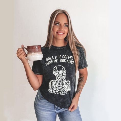 Sweet tees + apparel for cool Moms. Coffee Costume, Spooky Coffee, Sweet Tee, Black Jeans Outfit, Tee Outfit, Favorite Shirts, Skirt Outfits, Iced Coffee, Pre Order