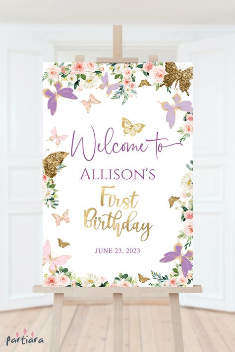 Self-editable 20x30” welcome sign - follow the link for details and free demo! ♦ Easily edit online in your browser then download and print ♦ Celebrate a 1st birthday with a garden party, this floral butterfly welcome sign is embellished in purple lilac and gold – making a spring summer sensation ♦ #welcomesign #birthdaysign #girlbirthdaysign #enchantedgarden #butterflygarden #floralbutterfly #butterflywelcome #birthdaybutterflies #editablepartysign #girlwelcomesign 1st Birthday Butterfly, Butterfly Welcome Sign, Birthday Butterfly, Floral Party Decorations, Forest Birthday, Birthday Welcome Sign, Floral Party, Butterfly Birthday, Gold Text