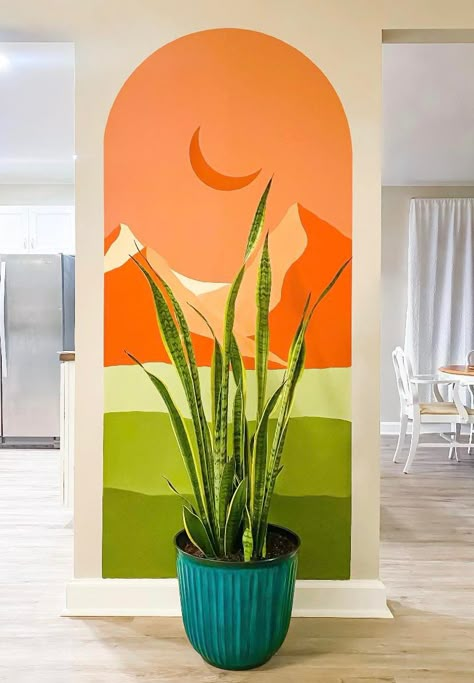 East Wall Mural, Groovy Wall Mural, Wall Painting Ideas Cafe, Simple Mural Art, Unique Wall Painting, Boho Mural, Accent Wall Mural, Landscape Mural, Minimal Landscape