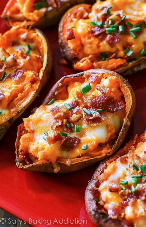 Simply Loaded Sweet Potato Skins - what a great snack or side for game day! Loaded Baked Sweet Potato, Healthy Superbowl Snacks, Sweet Potato Skins, Loaded Sweet Potato, Potato Skins, Party Recipes, Potato Dishes, Sweet Potato Recipes, Vegan Snacks