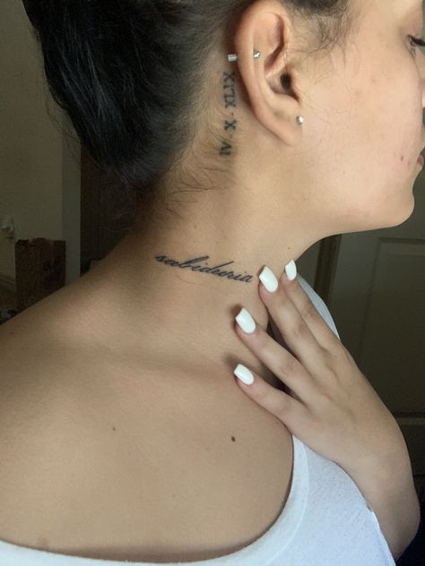 Behind The Ear Roman Numeral Tattoo, Roman Numerals Behind Ear, Roman Numeral Tattoo Behind Ear, Name Behind Ear Tattoo, Tat Placement, Wedding Date Tattoos, Side Neck Tattoo, P Tattoo, Roman Numeral Tattoos