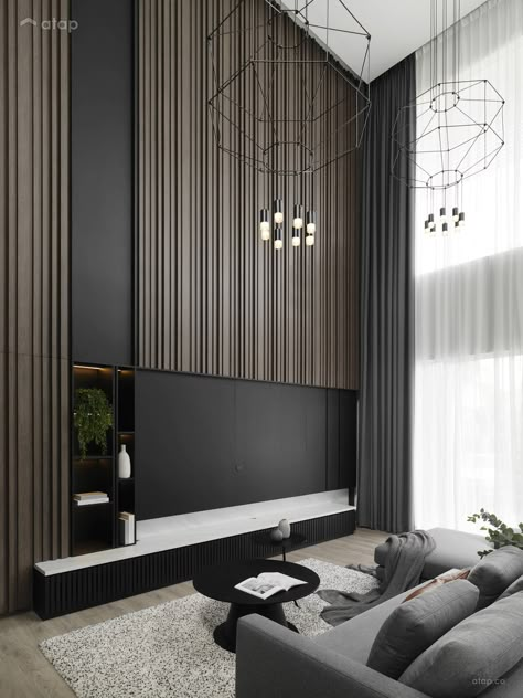 Contemporary Minimalistic Living Room semi-detached design ideas & photos Malaysia | Atap.co Tv Fal, High Ceiling Living Room, Contemporary Living Room Design, Tv Room Design, Luxury Living Room Design, Minimalist Interior Design, Studio Interior, Contemporary Interior Design, Contemporary Living Room