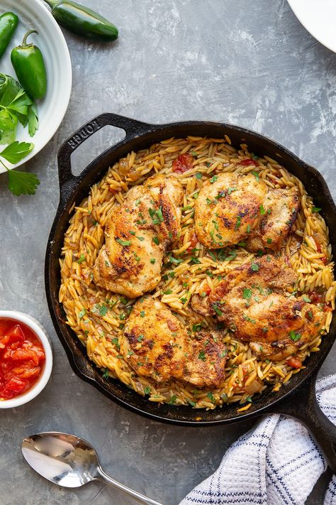 Made entirely in one skillet and packed with bold, spicy flavors, these blackened chicken thighs and orzo are quick to whip up and the perfect weeknight dinner! Chicken Thighs And Orzo, Blackened Chicken Thighs, Boneless Skinless Chicken Breast Recipes, Skinless Chicken Breast Recipes, Buttered Vegetables, Chicken Orzo, Orzo Recipes, Blackened Chicken, One Pot Dinners