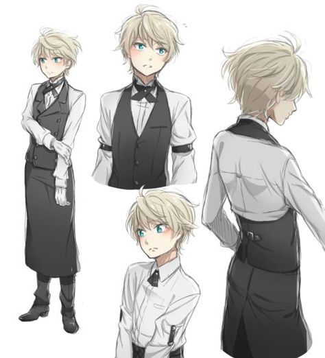 Waiter *^* Slaine Troyard, Waiter Outfit, Anime Hairstyles Male, Poses Anime, Aldnoah Zero, Manga Watercolor, Anime Boy Hair, Animation Art Sketches, Anime Maid