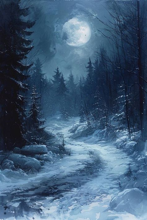 Hunt Aesthetic, Dark Naturalism, Snow Night, Dark Nature, Moon Clouds, Snowy Forest, Night Forest, Environment Art, Blue Forest