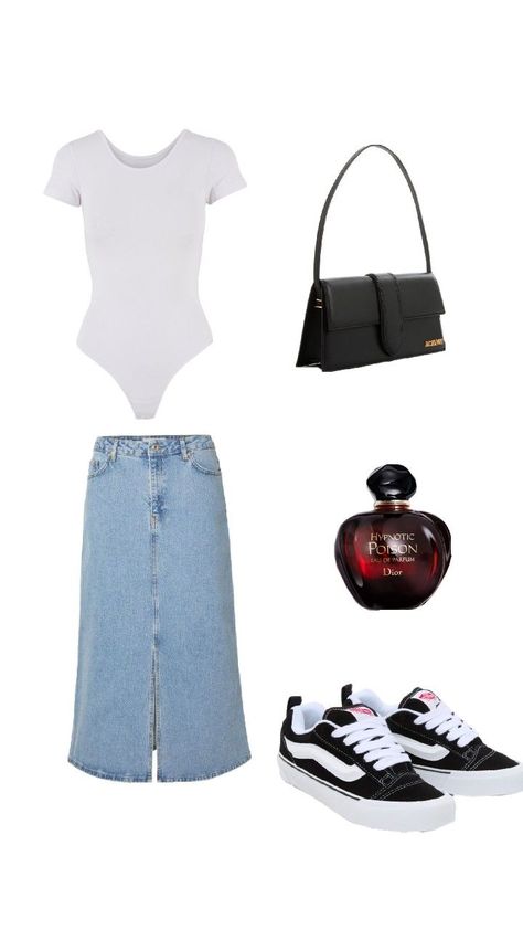 body blanc, jupe jean, vans, sac à main jaquemus, parfum dior Outfit Jupe, Dior