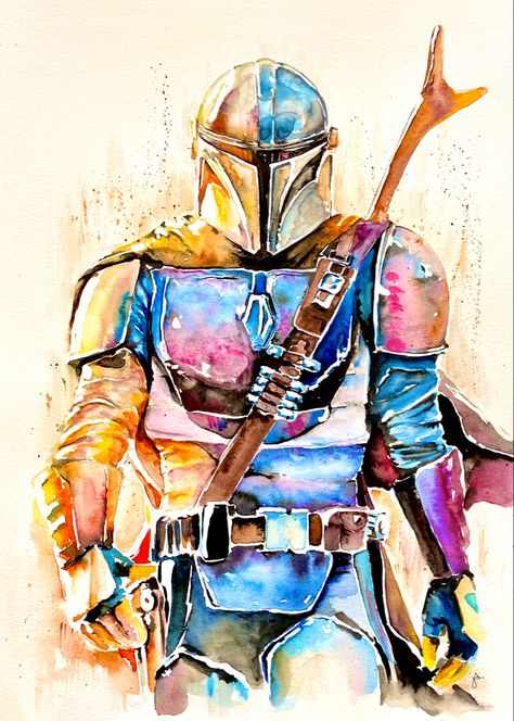 Bright color watercolor fan art space character Star Wars Watercolor Painting, Mandalorian Watercolor, Star Wars Watercolor, Mandalorian Skull, Star Wars Painting, Festival Ideas, Inspiration Painting, Disney Dreams, Horse Drawings