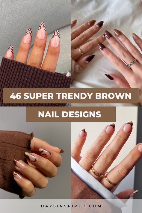 Brown Nail Swirl, Brown Nails With Swirls, Brown Accent Nails, Chocolate Brown Nail Art Designs, Neutral Mauve Nails, Brown And Beige Nail Designs, Multi Brown Nails, Nails With Twinkle Stars, Brown Monochrome Nails