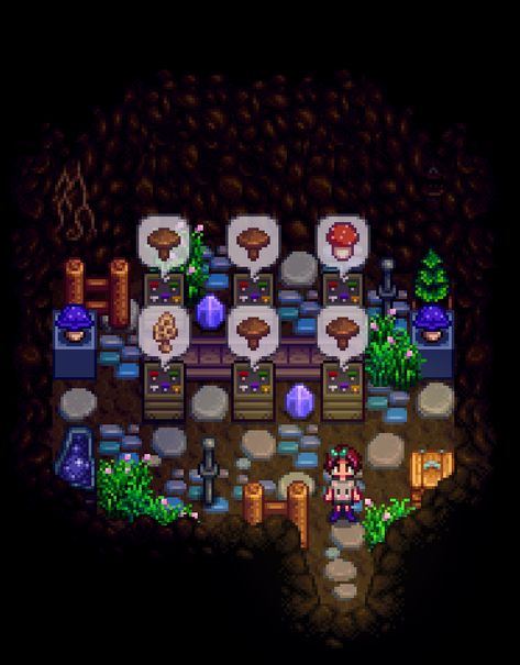 Stardew Valley Mushroom Cave Layout, Stardew Mushroom Cave Design, Stardew Valley Cave, Stardew Valley Mushroom Cave, Strawdew Valley, Mushroom Cave, Stardew Farms, Stardew Valley Layout, Stardew Valley Tips