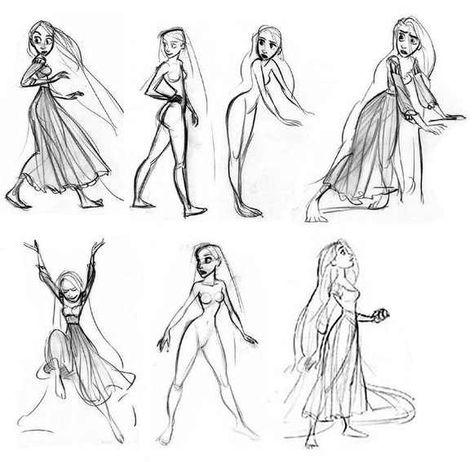 Tangled gestural figure drawing Haircut Cartoon, Tangled Concept Art, Character Design Disney, Disney Art Style, Rapunzel Cosplay, Character Disney, Glen Keane, Character Design Cartoon, School Illustration