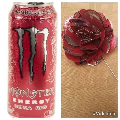 Lapel Flower made from upcycled Monster Ultra Red Energy drink can Things You Can Do With Monster Cans, Monster Can Flower, Monster Can Monster, Hanging Monster Cans, Monster Can Art Ideas, Monster Energy Drink Can Crafts, Monster Cans Crafts, Monster Tab Crafts, Monster Energy Crafts