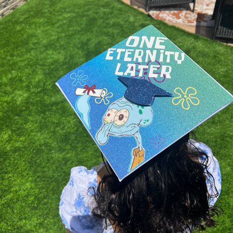 #eternity #spongebob #squidward #graduation #graduationcapdesigns Grad Cap Ideas Spongebob, Spongebob Graduation Cap Designs, Spongebob Theme Graduation Cap, Squidward Graduation Cap, Meme Grad Cap Ideas, Spongebob Graduation Cap Ideas, Blue Cap Graduation Decoration, Cap Decoration Graduation Spongebob, Sponge Bob Graduation Cap