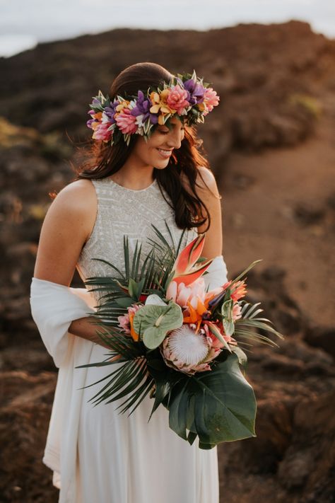 Tropical Florals | Flower Crown | Bouquet | Hawaiian Sunrise Elopement at Haleakala National Park, Maui | Lauren & Ryan Hawaii Wedding Shoes, Hawaiian Bouquet Wedding, Hawaiian Wedding Bouquet, Crown Bouquet, Bride Tropical Flower Crown, Maui Wedding Bouquets, Tropical Island Wedding, Tropical Flower Crown, Hawaii Flower Crown