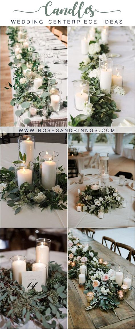 20 Romantic Wedding Centerpieces With Candles | Roses & Rings - Part 2 Wedding Centerpieces With Candles And Flowers, Daytime Wedding Centerpieces, Non Floral Wedding Centerpieces Elegant, Buffet Style Wedding Reception Tables, Flameless Candle Centerpieces, March Wedding Centerpieces, Wedding Reception Round Table Decor, Elegant Wedding Reception Decorations, Candles For Wedding Tables