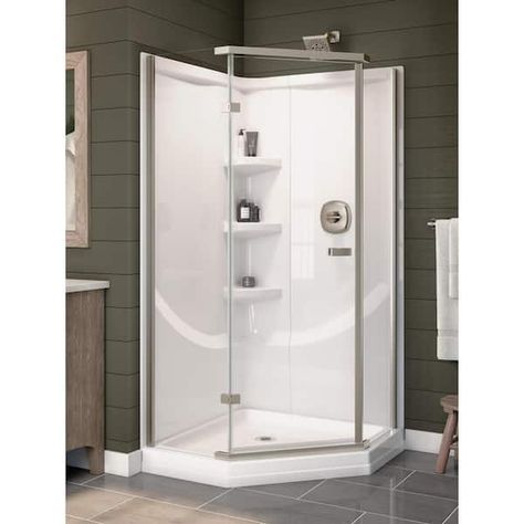 Delta Classic 38 in. W x 73.88 in. H 2-Piece Direct-to-Stud Corner Shower Wall Surround in White B67916-3838-WH - The Home Depot Corner Showers, Neo Angle Shower Enclosures, Shower Stall Kits, Neo Angle Shower, Corner Shower Enclosures, Shower Pan, Shower Base, Shower Surround, Corner Wall