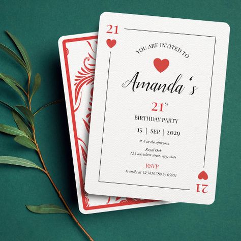 $3.32 | Hearts Playing Card 21st Birthday Invitation | Birthday Invitations | playing card, 21st birthday invitation, casino, poker night, las vegas, hearts, art deco, milestone birthday, roaring 20s great gatsby, unique minimalist modern elegant Vegas Theme Party Invitations, Deck Of Cards Themed Party, Vegas Birthday Theme, Casino Glamour, Casino Gala, Playing Card Invitation, Jay Birthday, Vegas Christmas, Masquerade Event