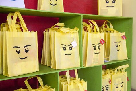 Awesome Twos | CatchMyParty.com Lego Themed Party Favors, Lego Gift Bags, Lego Party Bags, Legos Birthday Party, Legos Birthday, Lego Party Decorations, Lego Party Favors, Lego Star Wars Party, Lego Friends Party