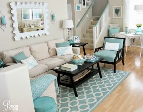 Beige & Aqua Decor to Create a Calm & Breezy Beach Ambiance | Shop the Look - Coastal Decor Ideas Interior Design DIY Shopping Small Coastal Living Room, Turquoise Living Room Decor, Living Room Turquoise, Beach Theme Living Room, Coastal Decorating Living Room, Beach Living Room, House Of Turquoise, Coastal Living Rooms, Beach Cottage Decor